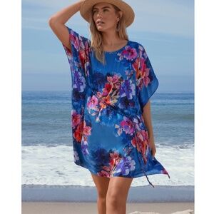 Johnny Was Summer Days Silk Blend Dress With Braided Tie Blue Floral Multi SZ XL